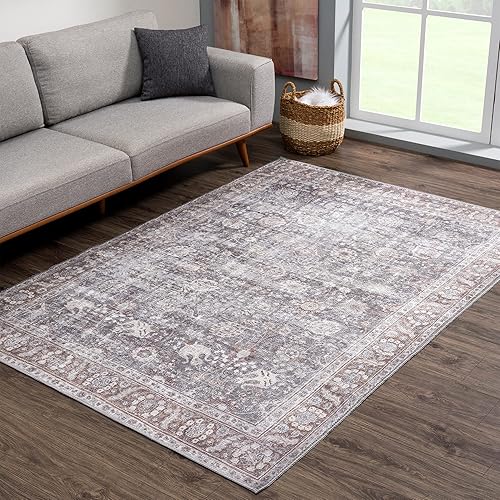 Miniatura 4 de Bloom Rugs - Tapete de área tradicional lavable para sala de estar, dormitorio, comedor y cocina color marrón y gris oscuro tamaño exacto 8 x 10 pies