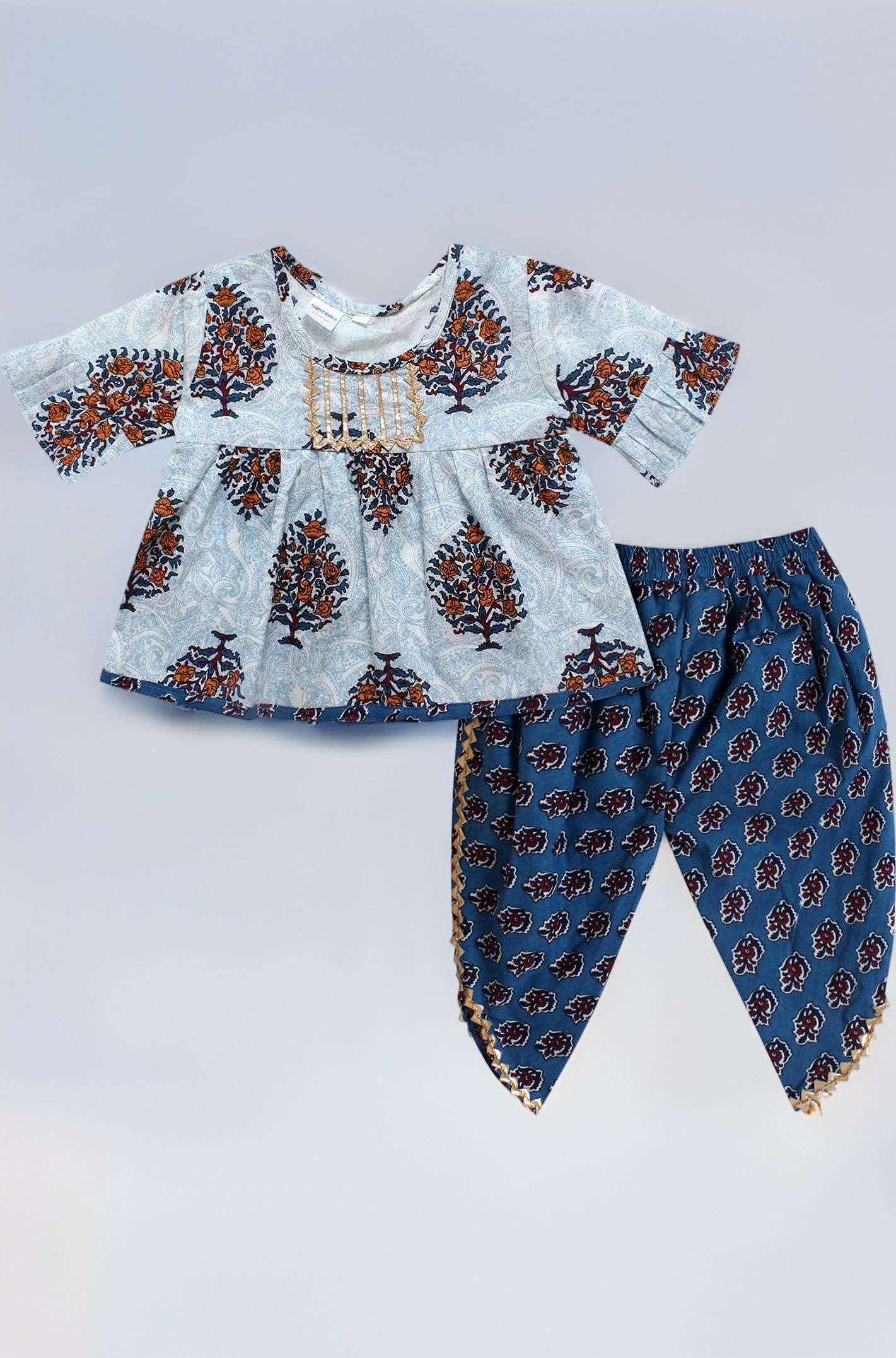 superminis Cotton Blend Baby Girl's Jaipuri Print Frock Style Kurti With Frill Sleeves And Dhoti Style Salwar With Elastic Closure Ethnic Dress Clothing Set