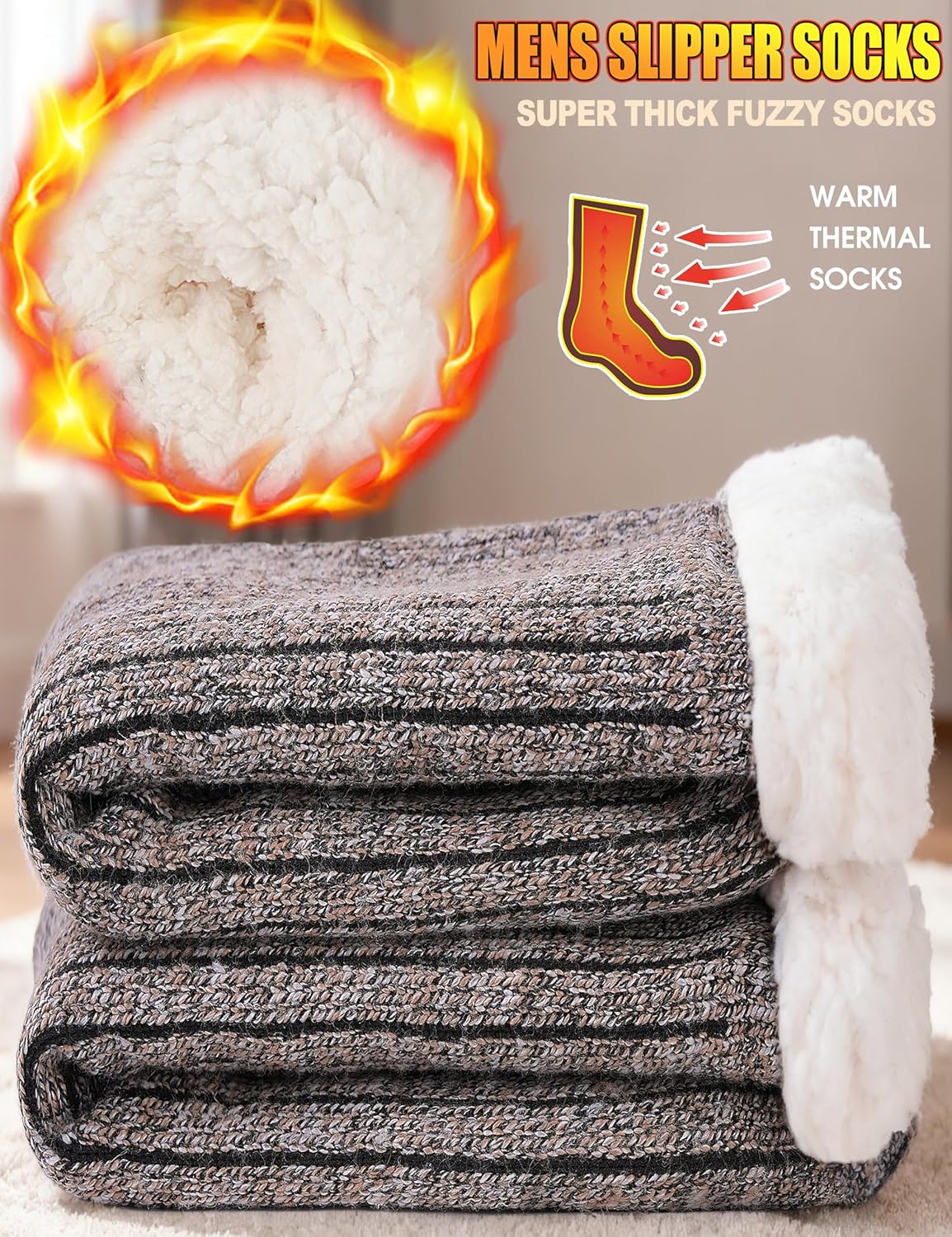 Men Fuzzy Slipper Socks Winter Thick Warm Fluffy Cozy Comfy Fleece Soft Cabin Non Slip Home Grip Socks - Image 2