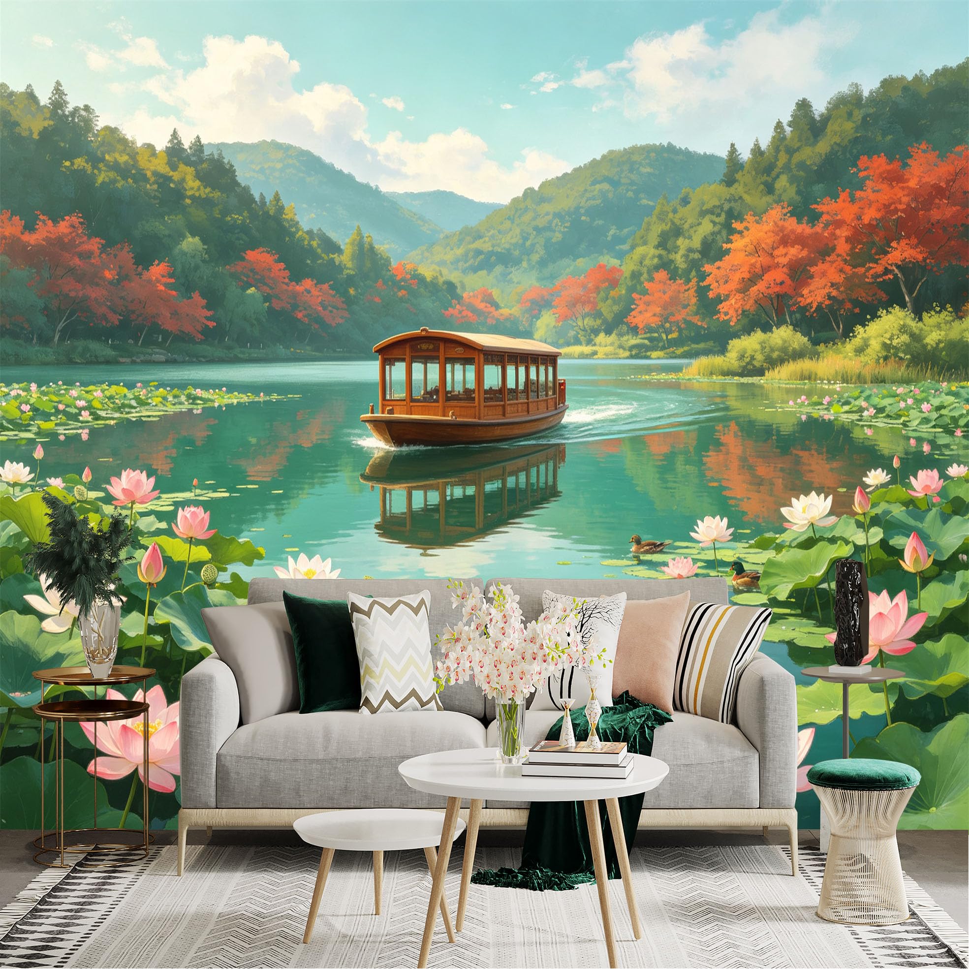 Custom Size Wall Sticker Mural， Wooden Boat on Calm Lake， Blooming Lotus Flowers and Ducks， Scenic Oriental Landscape， for wall Decoration， peelandstick wall Decals.