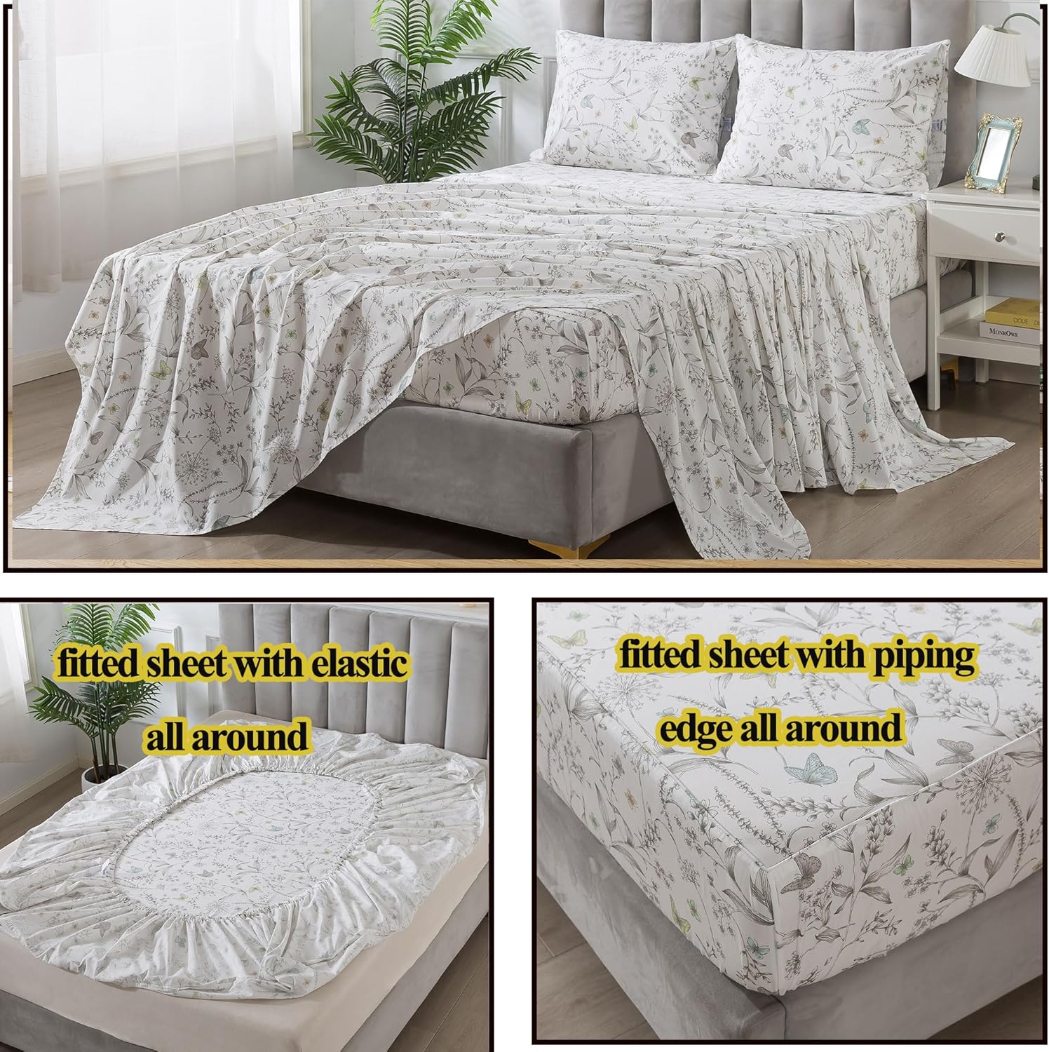 FADFAY Floral Sheets Colorful Butterfly Bed Sheets Set Vintage Botanical Bedding Shabby Branches Leaves Bedding Collections 100% Percale Cotton Breathable Soft Deep Pocket 4Pcs, California King Size