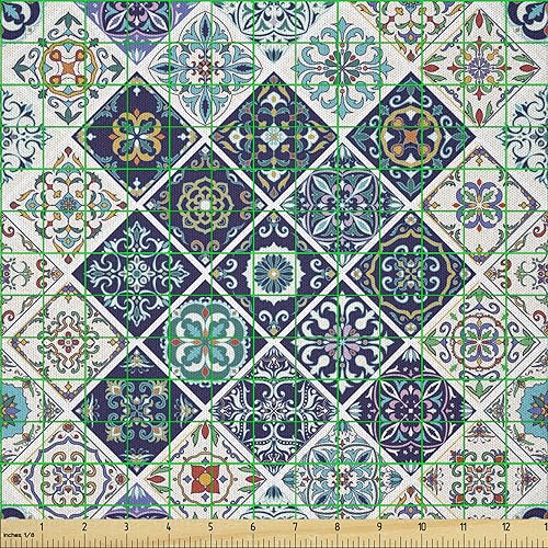 Miniatura 2 de Ambesonne Traditional Fabric by The Yard, Portuguese Historical Mixed Azulejo Mosaic Tiles with Moroccan Ceramic Motifs, Microfiber Fabric for Arts