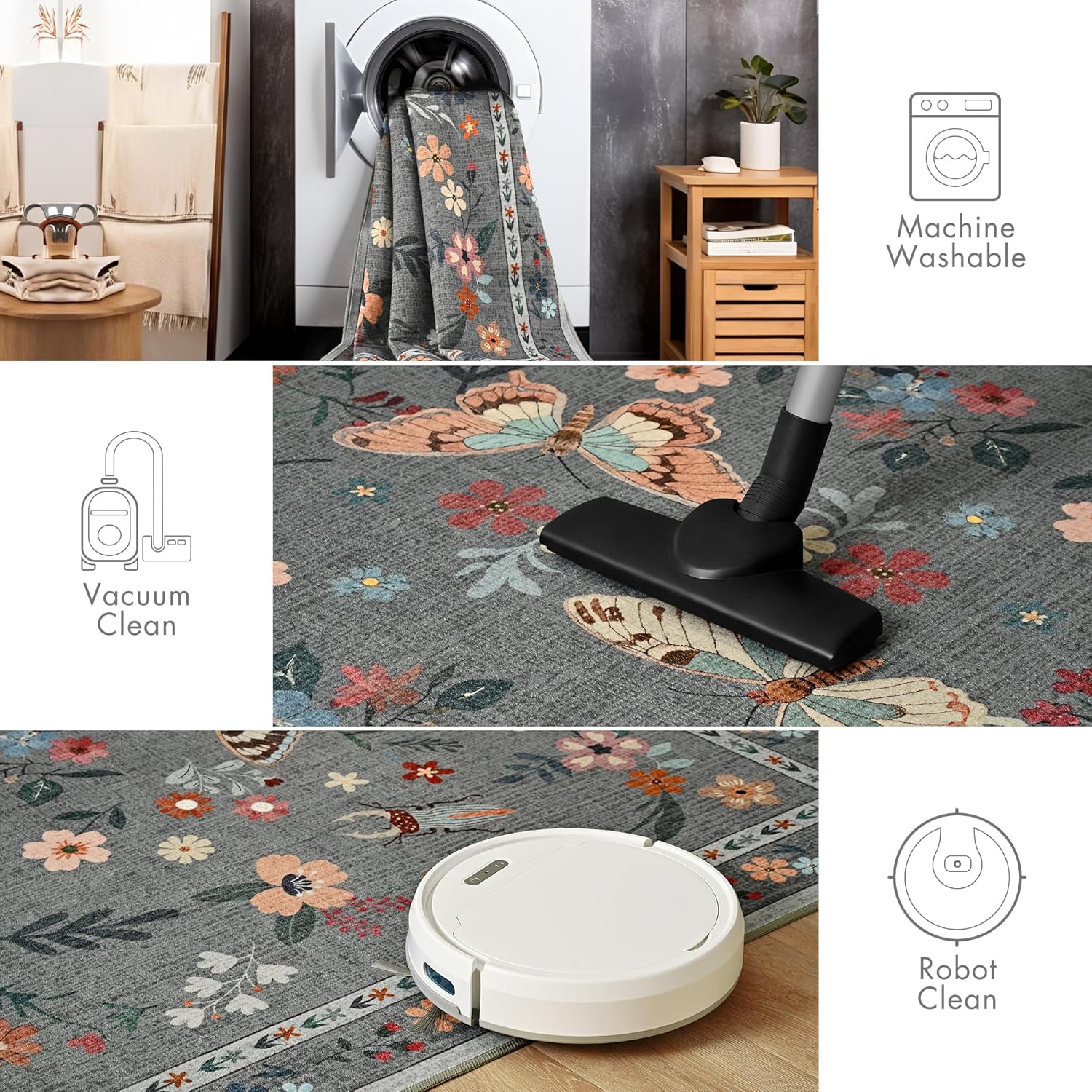 Tepook 5x7 Print Area Rugs for Living Room, Washable Non-Slip Butterfly Floral Rug for Bedroom, Low Pile Modern Rugs Throw Carpet with Rubber Backing for Dining Room Kitchen Office, Grey