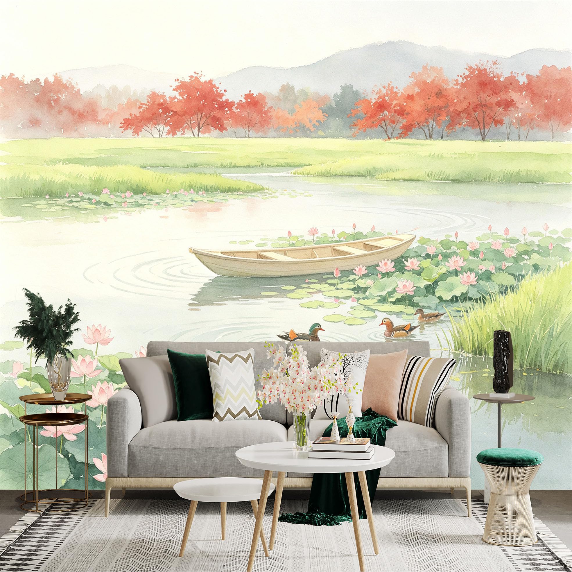 Custom Size Wall Sticker Mural， Watercolor Lotus Pond with Wooden Boat， Swimming Mandarin Ducks， Red Autumn Maple Trees， Serene Landscape， for wall Decoration， peelandstick wall Decals.
