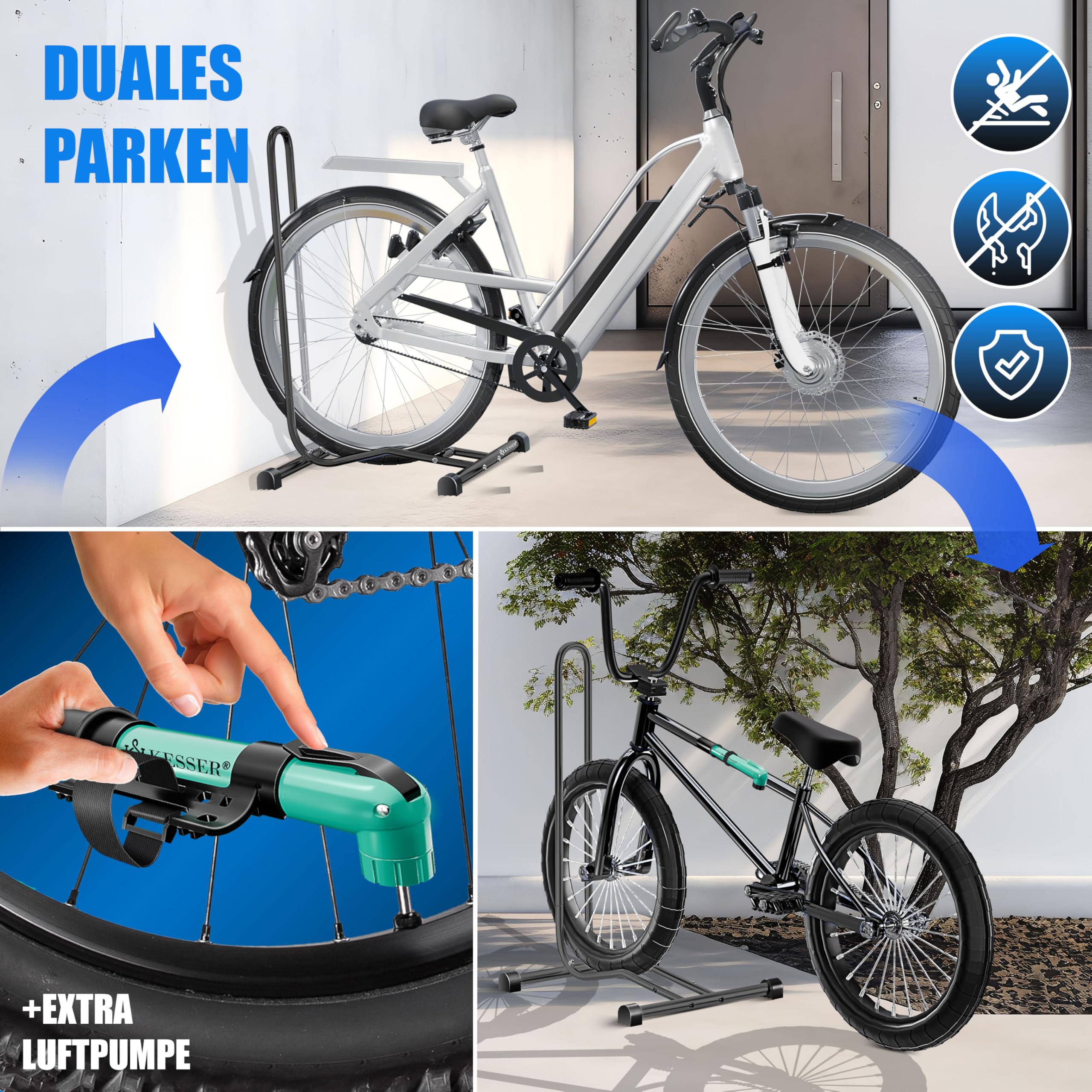 KESSER® Soporte de bicicleta para bicicleta de montaña, bicicleta eléctrica, bicicleta de ciudad, bicicleta de carretera, MTB, soporte de suelo para bicicleta independiente, ancho de neumático de