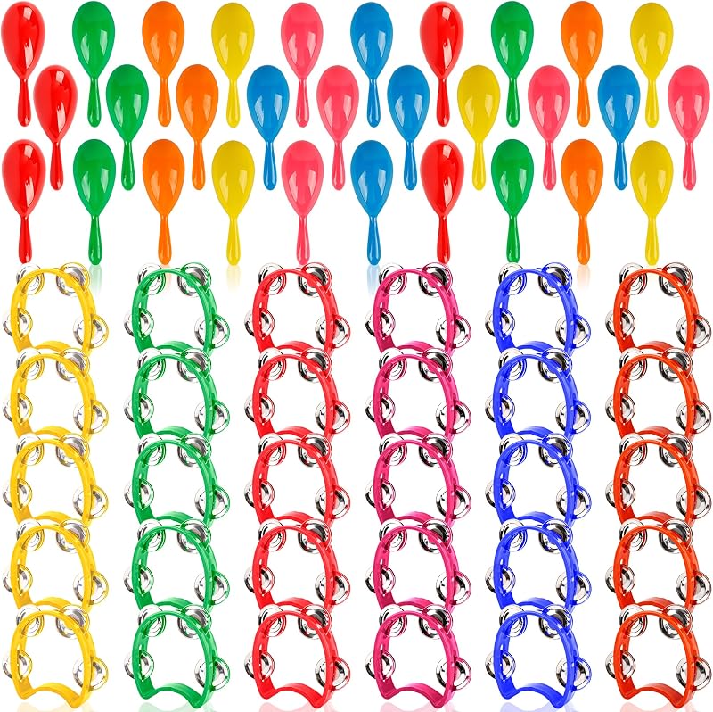 60 Pcs Shaker Musical Instruments Set Including 30 Mini Maracas Shakers 30 Handheld Plastic Tambourine for Kids Preschool Early Music Learning