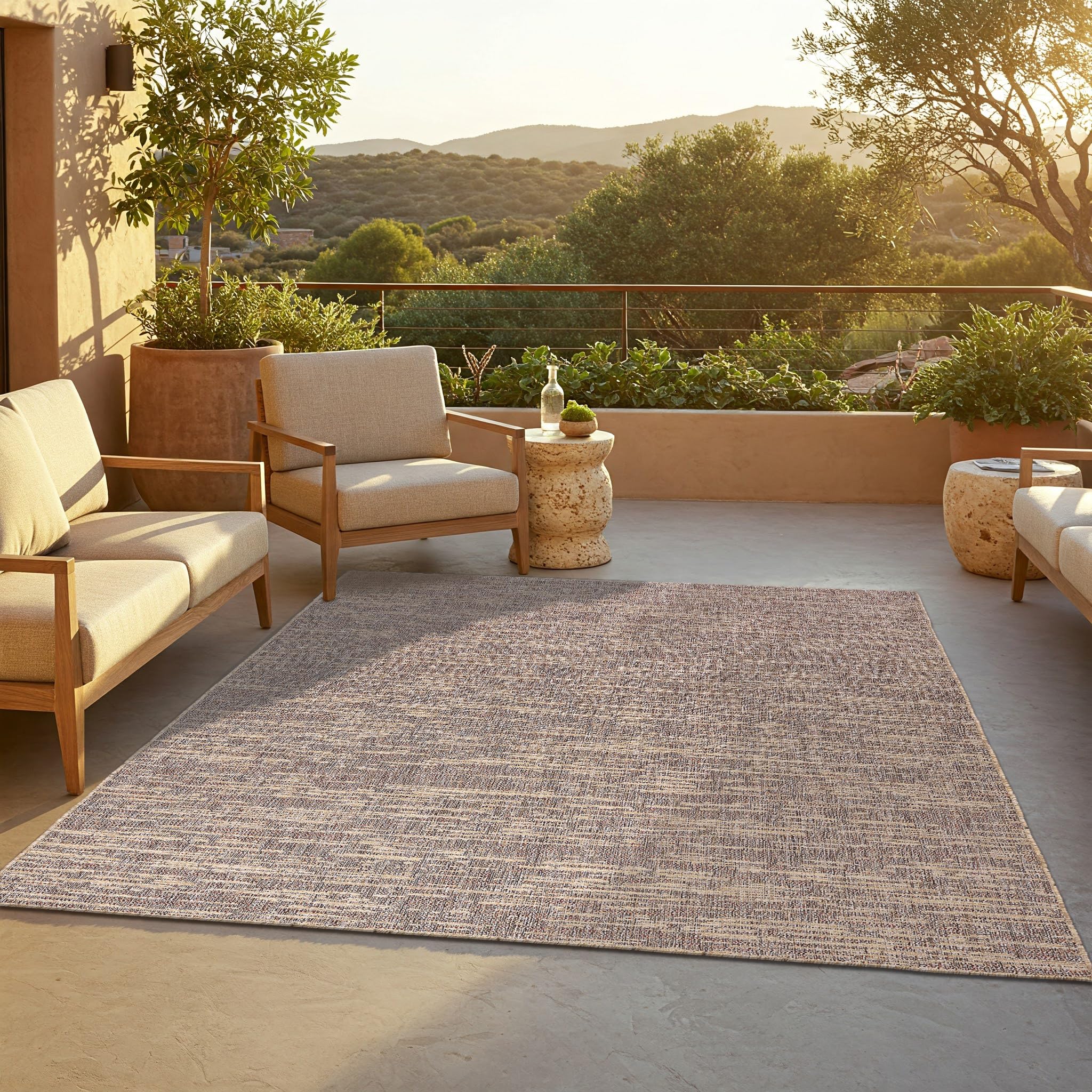 TAPISO Yucana In & Outdoorteppich Dunkelbraun Braun Beige Boho 140 x 200 cm