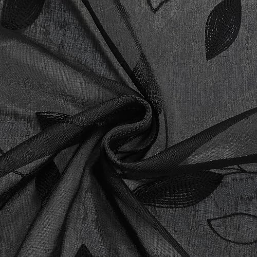 Miniatura 7 de HOMEIDEAS Cortinas Semitransparentes Negras de 52 x 96 Pulgadas de Largo 2 Paneles Patrón de Hojas Bordadas Negras Gótico Lino Sintético Floral