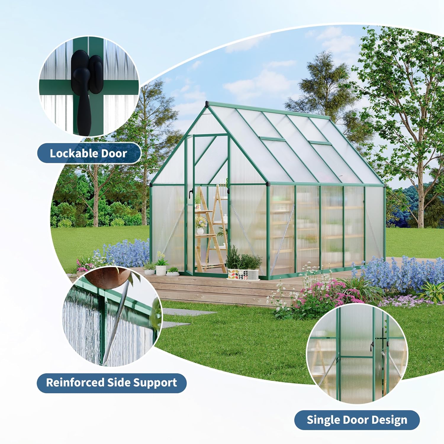 Polycarbonate Greenhouse for Outdoors, Large Walk-InGreenhouse with Quick Setup Structure and Roof Vent, Greenhouse with Ventilation