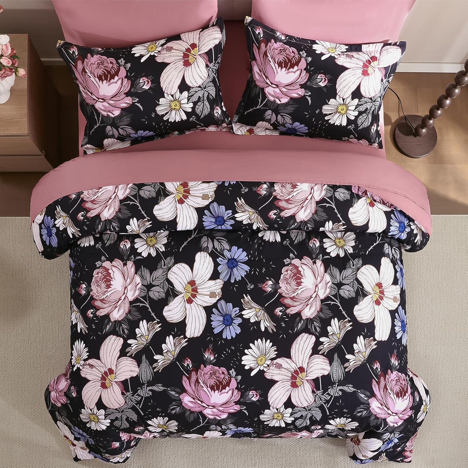 Luxudecor Queen Comforter Set 7 Pieces Bedding Sets,Black Pink Floral Comforter and Sheet Set,Soft Microfiber Bed in a Bag for All Seasons (Black Pink,90"x90") - Image 3