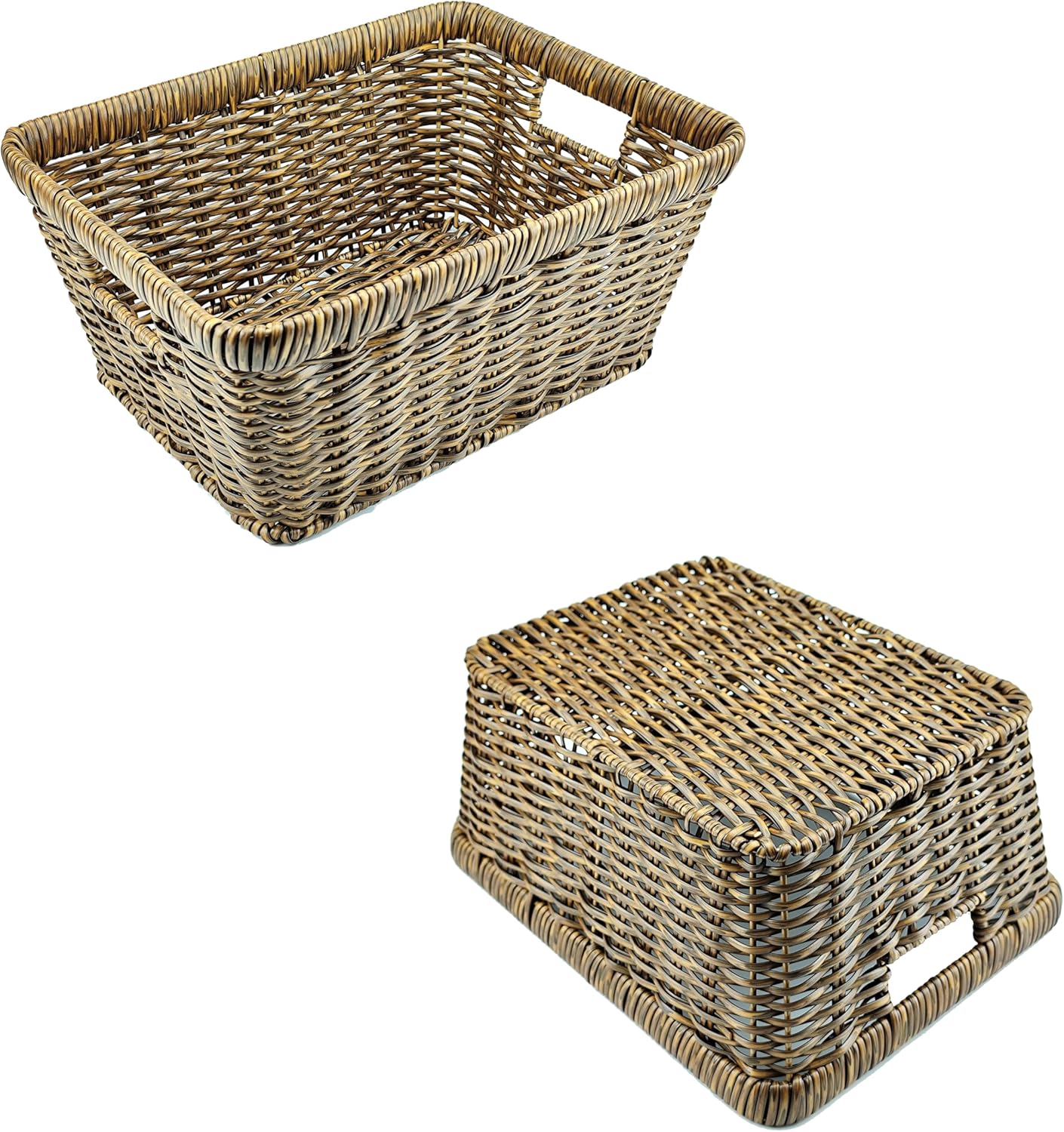 Wicker Storage Baskets for Shelves, Wicker Baskets for Organizing, Waterproof Woven Basket for Pantry, Rectangle Basket for Shlef, Brown, (Set Of 3)