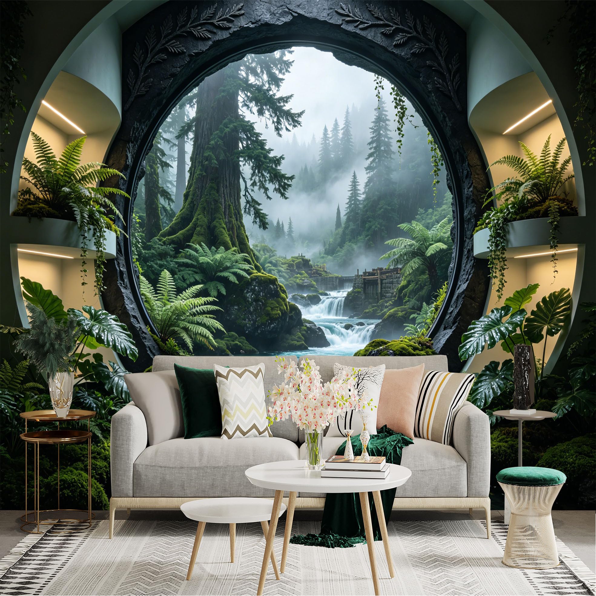 Custom Size Wall Sticker Mural， Misty Forest Waterfall with Moss Rocks and Lush Green Plants， for wall Decoration， peelandstick wall Decals.