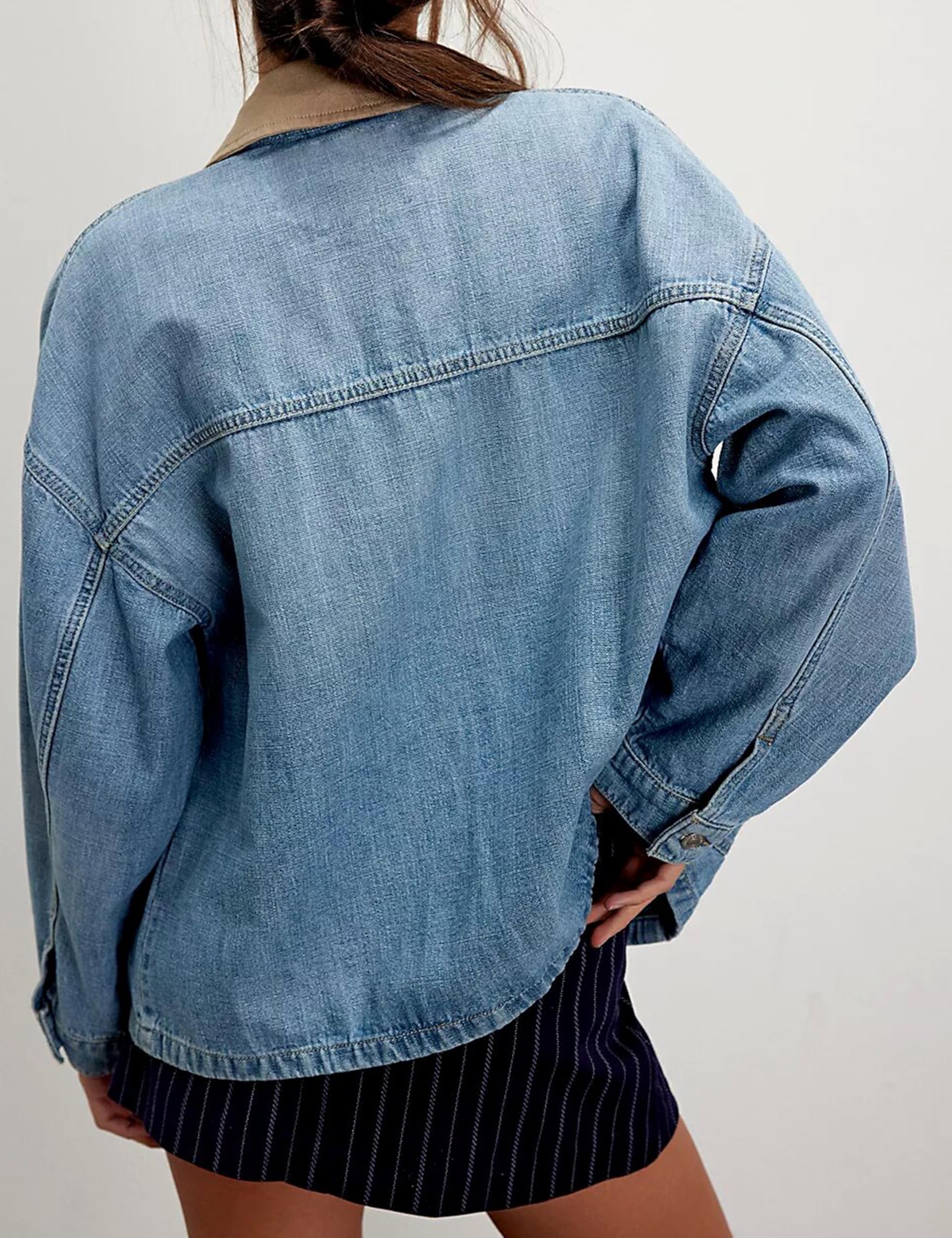 Lumister Chaqueta de mezclilla de gran tamaño para mujer con ribete de contraste, manga larga, con botones, abrigo de mezclilla con bolsillos