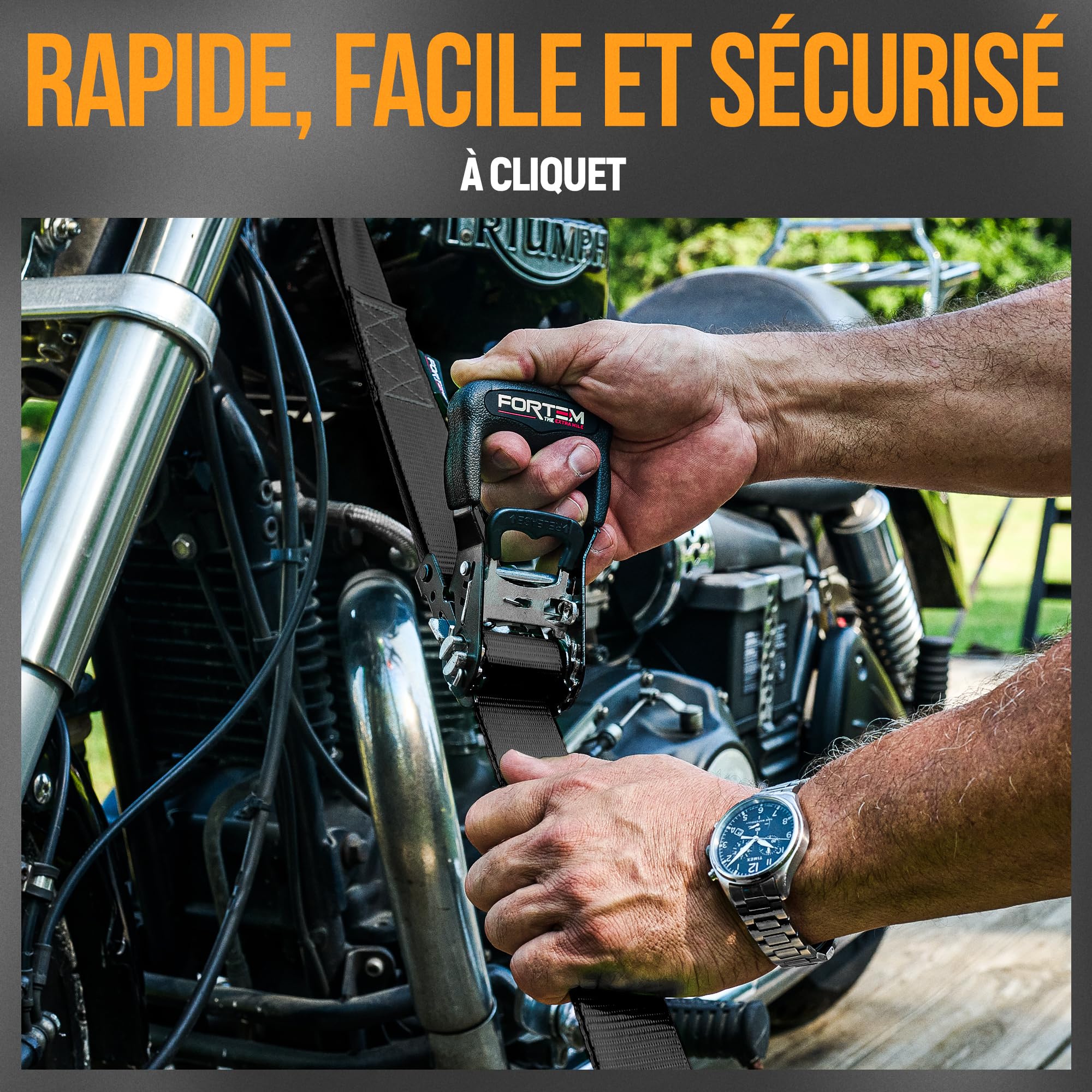 FORTEM Sangle a cliquet, Sangles d'arrimage à cliquet 4x4,5 m (Résistance 2362 kg), Sangle demenagement, Moto, remorque, Camion, 4 Boucles Souples, Crochets Métal Enduit, Sac inclu