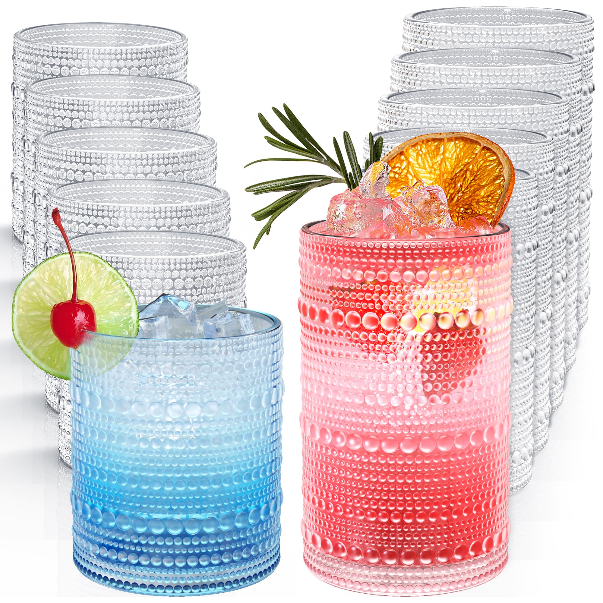 Vintage Hobnail Drinking Glasses Set of 12 12 oz Highball Glasses 10 oz Cocktail Glasses Embossed Glass Cups