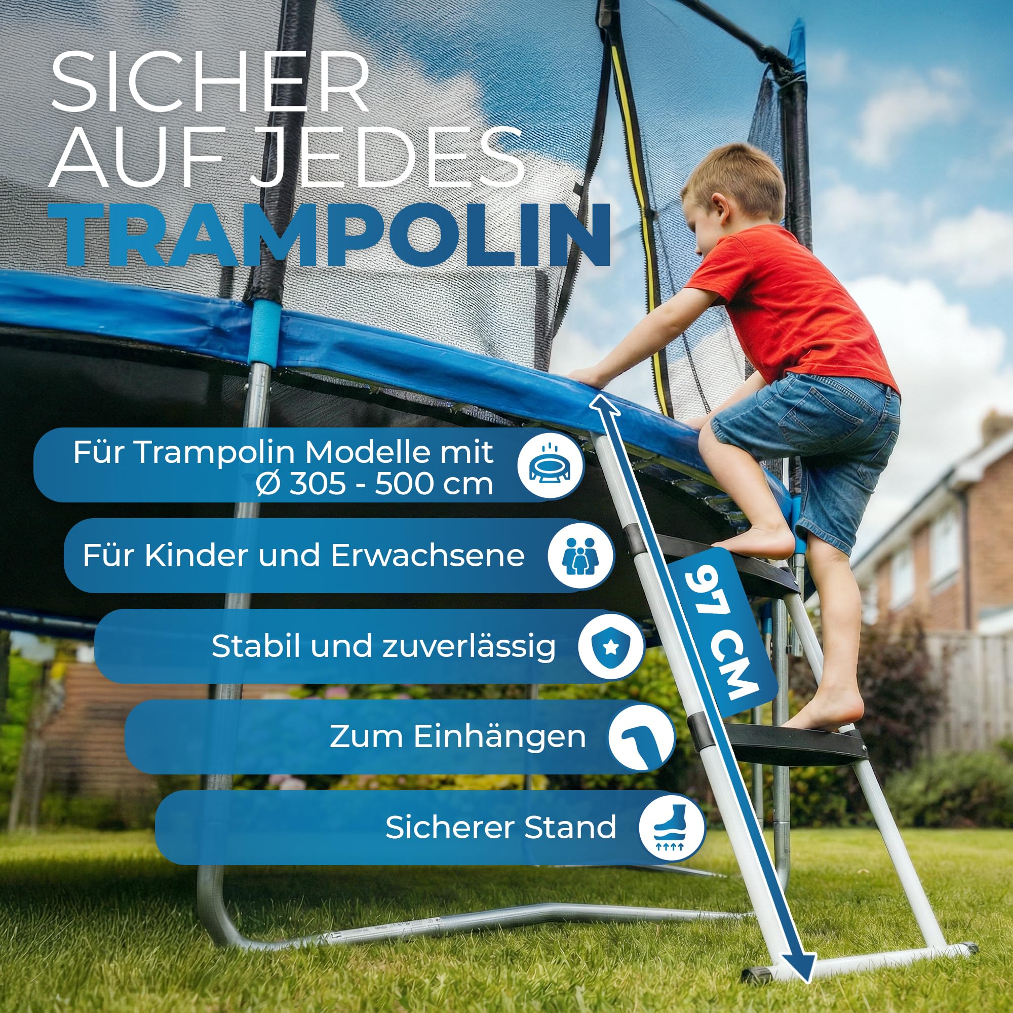 Terena Trampolinleiter 97 cm – Trampolinleiter mit Kunststoffstufen – Stabile Leiter für Trampoline – Wetterfeste Trampolin Leiter zum Einhängen – Rutschfeste Trampolin Treppe für Kinder & Erwachsene