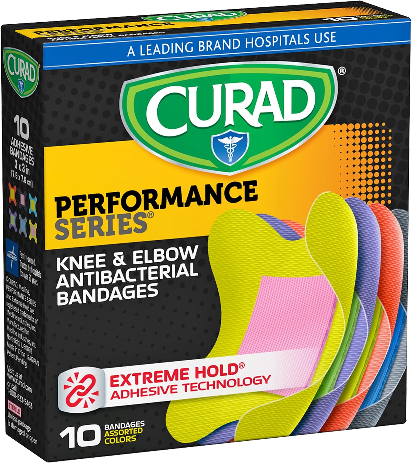 Curad Performance Series Knee and Elbow Extreme Hold Antibacterial Fabric Bandages, 10 Count