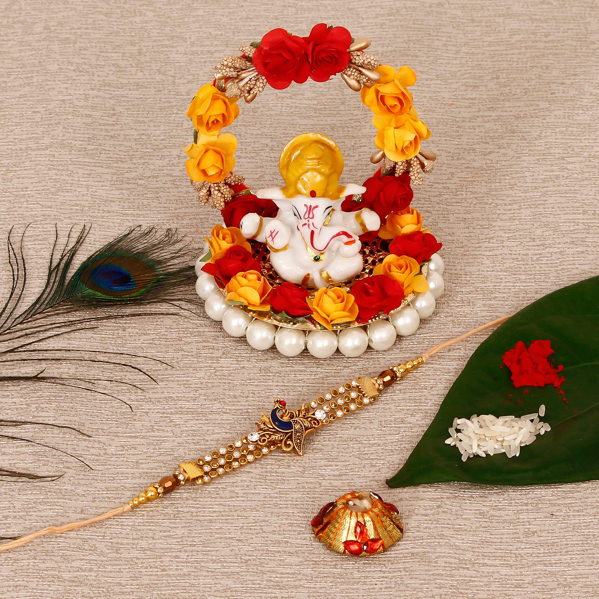 eCraftIndia Boy's Designer Peacock Rakhi With Lord Ganesha Idol On Decorative Plate And Roli Chawal Pack - Rakhi For Brother, Bhaiya, Bhai