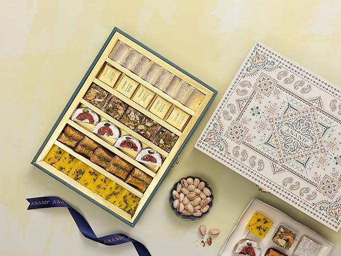 ANAND Assorted Sweets Gift Box, Authentic Pure Ghee Indian Mithai Kesar Pista Burfi, Baklava, Kaju Pattice, Kardant, Meetaz and Badam Burfi, Special Festive Sweets Gift Pack (Gift Box (850 gm))