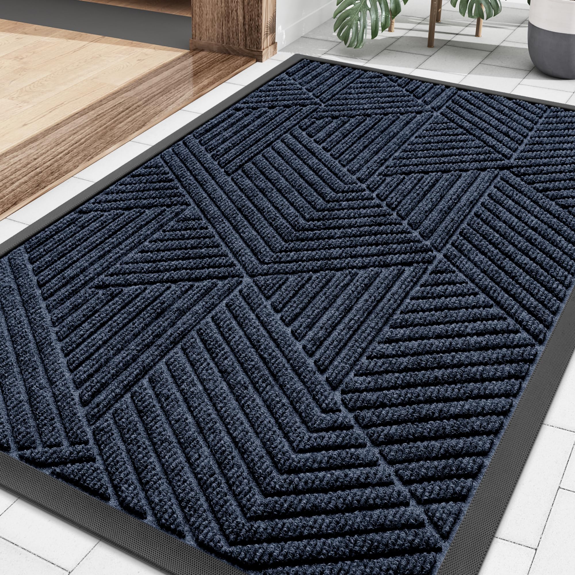 Photo 1 of Smiry Front Door Mat Outside Entrance, Heavy Duty Sturdy Natural Rubber Doormat, Trap Dirt and Moisture, Easy Clean Low Profile Mats for Indoor Outdoor Entry, Irregular Triangle (29.5x17, Navy Blue)