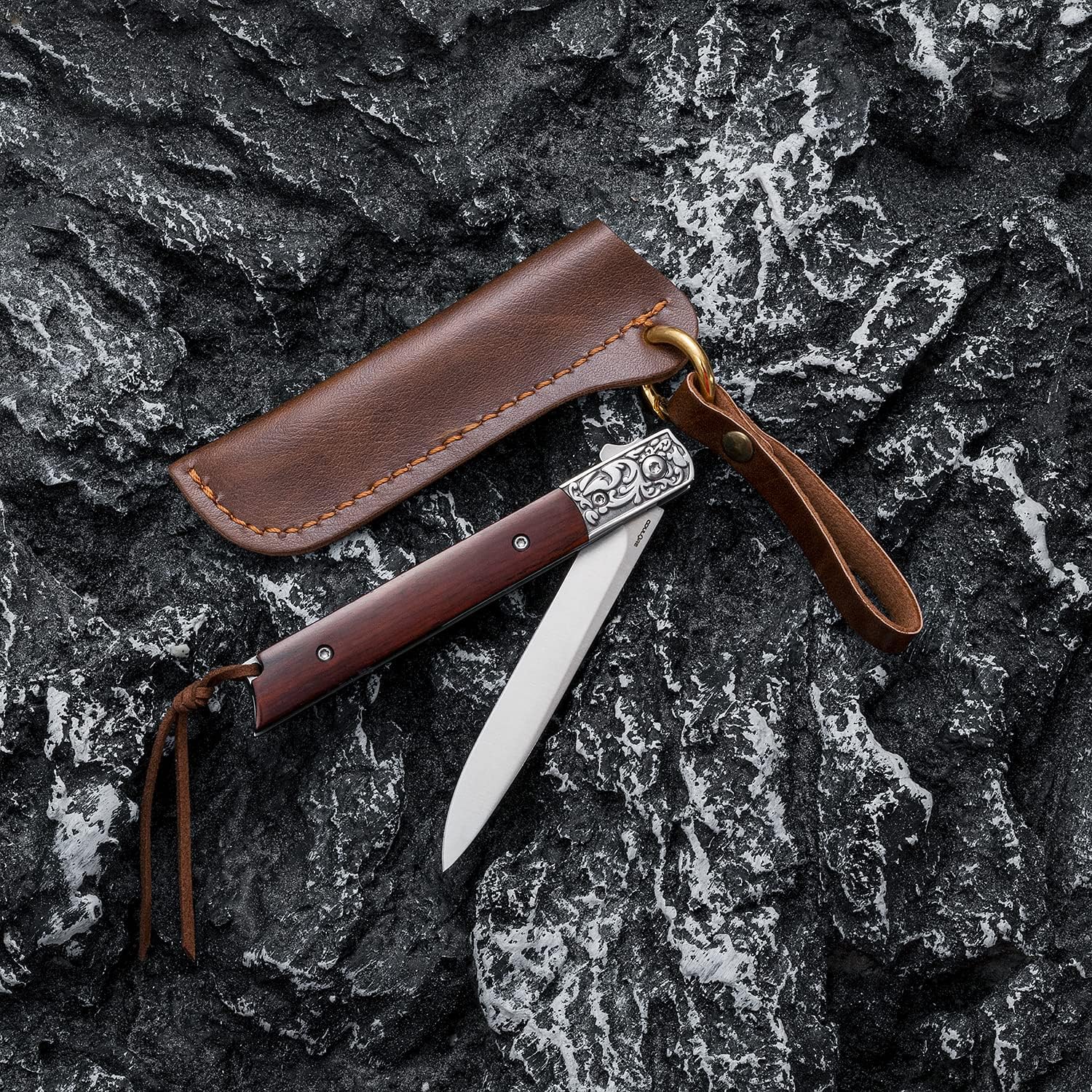 Tactical Knife, Small Pocket Folding Knife with Lanyard & Sheath, D2 Steel Blade, Liner Lock and Red Sandalwood Handle for Outdoor, Survival, Camping, Hunting and EDC