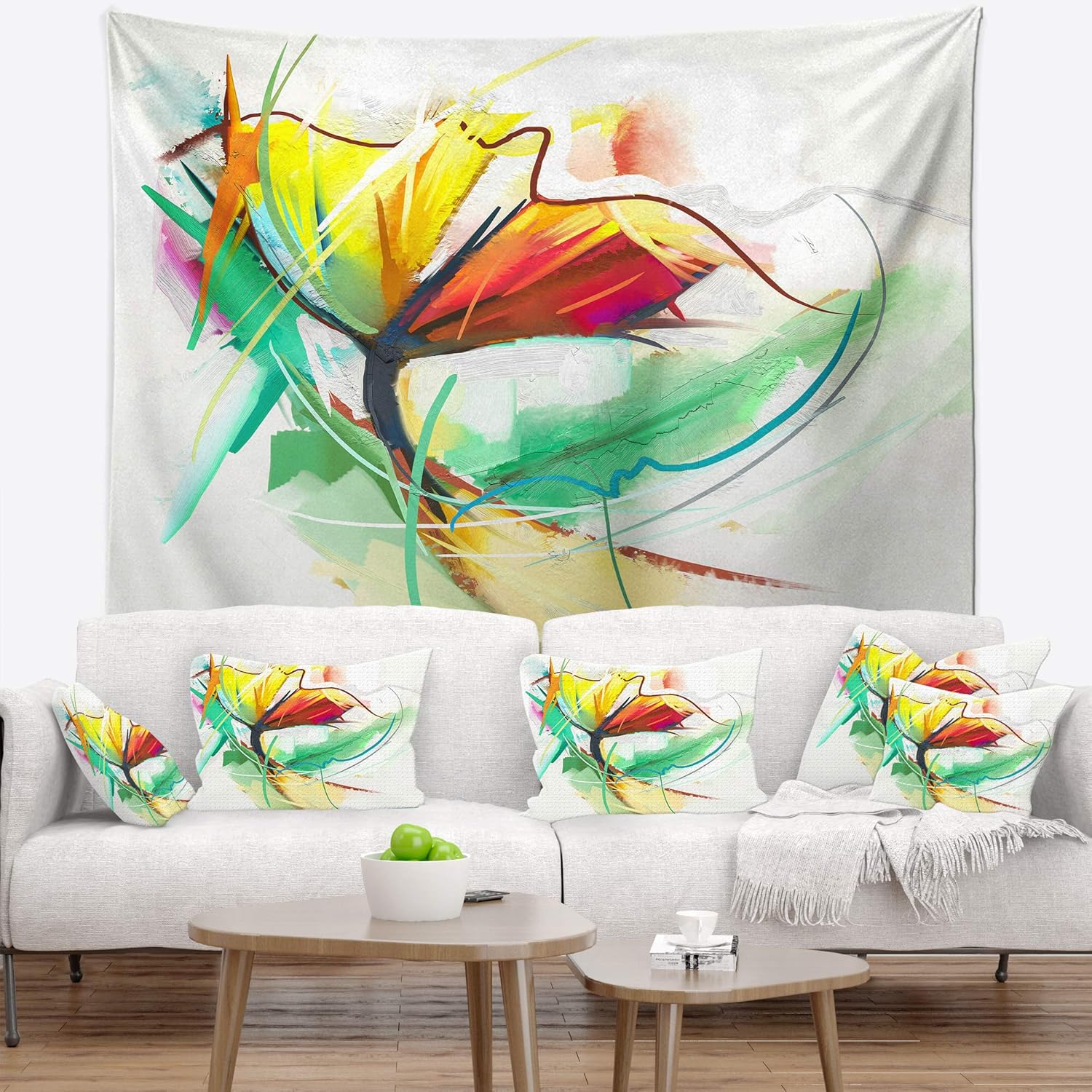 Designart ' Still Life of Yellow Red Color Flower' Floral Tapestry Blanket Décor Wall Art for Home and Office, Created on Lightweight Polyester Fabric x Large: 92 in. x 78 in