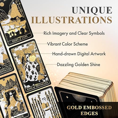 Miniatura 4 de Wyspell Cartas de tarot clásicas con libro guía – 78 cartas doradas para principiantes – Barajas de tarot negras con guía – Baraja de cartas