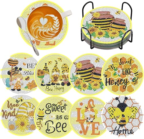 TDOOW Juego de 8 posavasos de pintura de diamante, bonitos posavasos de arte de diamantes de dibujos animados con soporte, kits de arte de diamantes