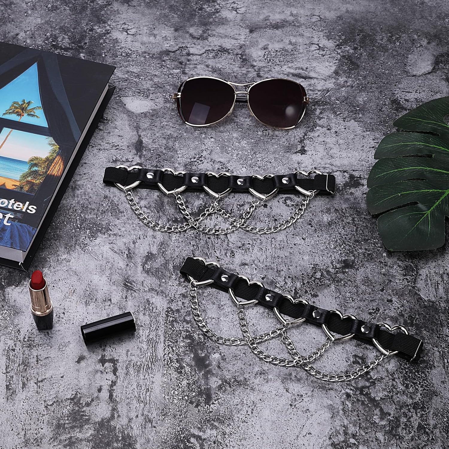 2PCs Faux Leather Leg Garter with Chains, Elastic Rock 5-Hearts Thigh Garters Belt for Women Halloween Party - Image 3