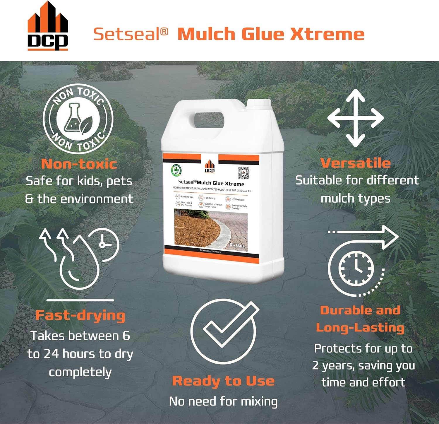 DCP Setseal Mulch Glue Xtreme 64 fl.oz. Concentrate - Gravel Stabilizer & Rock Glue for Landscaping - Binder for Mulch, Pine Straw, Pea Gravel, Pebble - UV Resistant, Fast Drying, Safe for Pets & Kids