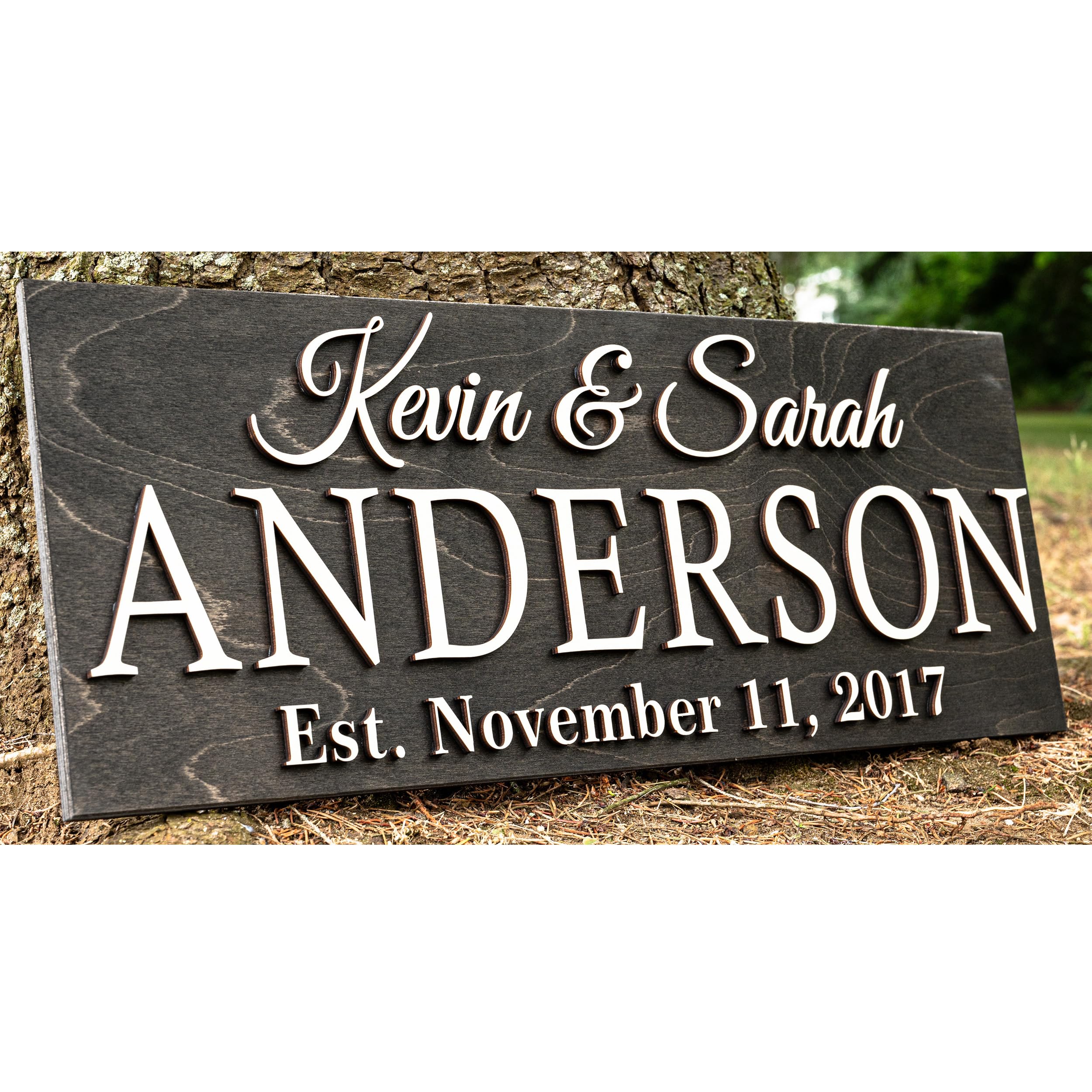 Personalized Family Name Wooden Sign Last Name Established Custom Wedding Gift 3D Wall Art 5 Year Anniversary Rustic