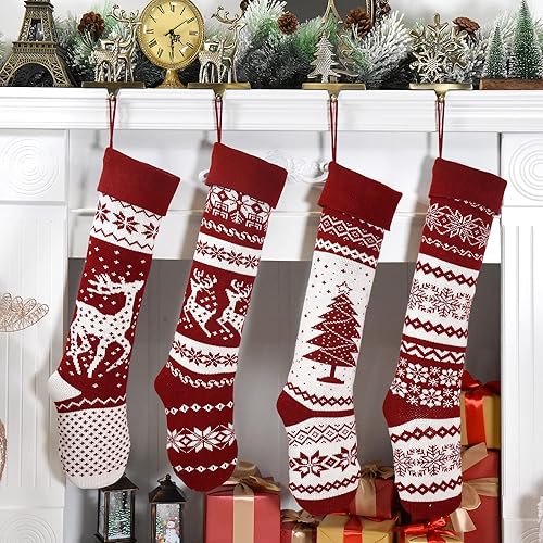 Miniatura 6 de Starry Dynamo Juego de medias de Navidad de punto rojo burdeos de 21 pulgadas  blanco (5 unidades de renos grandes y pequeños, copos de nieve, árbol