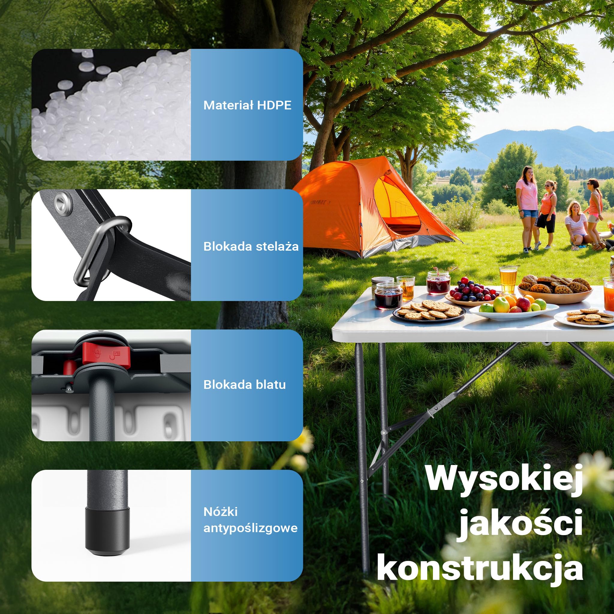 Wiltec Składany stół cateringowy, bankietowy, turystyczny 122x60x75 cm, stolik ogrodowy z uchwytem, stół kempingowy składany do ogrodu i na biwak