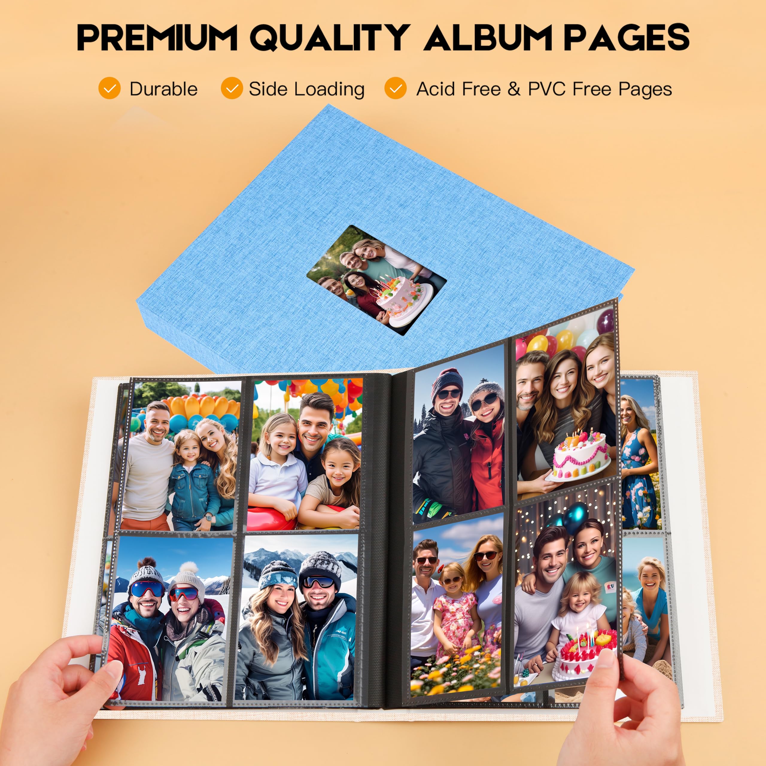 Album photo de 8,9 x 12,7 cm, pour 256 photos, couverture en lin de 7,9 x 12,7 cm avec fenêtre à l'avant, album photo de 7,6 x 12,7 cm pour photos de mariage, famille, anniversaire, cartes (beige)