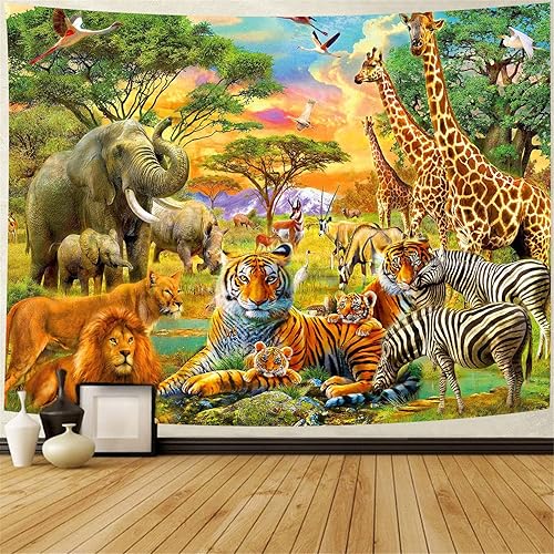 Miniatura 1 de NTERC Tapiz de animales del bosque bosque tropical africano selva elefante tigre león jirafa para colgar en la pared 80 x 60 pulgadas para