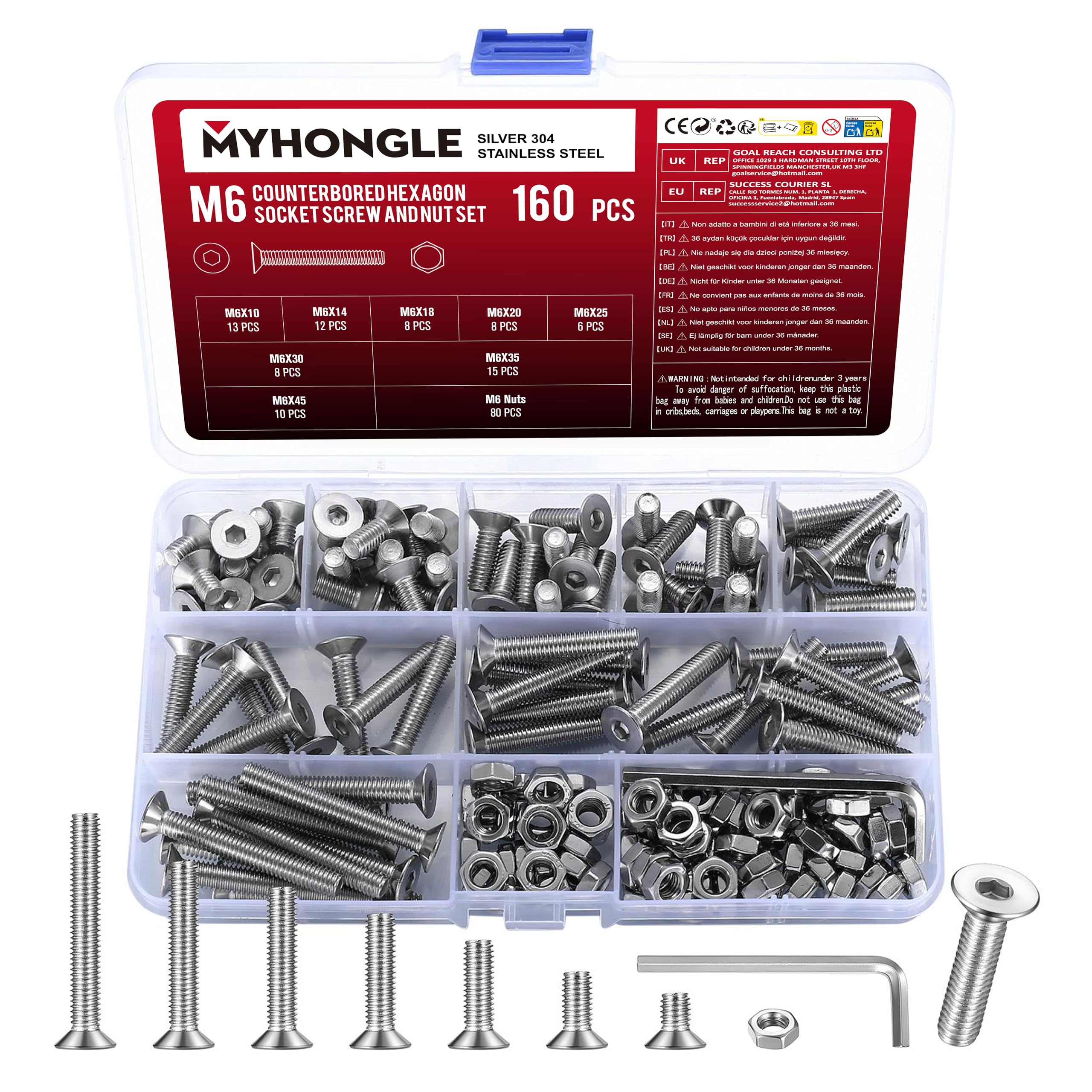 160 Stück M6 Schrauben Set, Senkkopfschrauben Muttern Set, Innensechskantschrauben, Edelstahl Maschinenschrauben Sortiment, Zylinderschrauben mit Muttern Kit, Gewindeschrauben