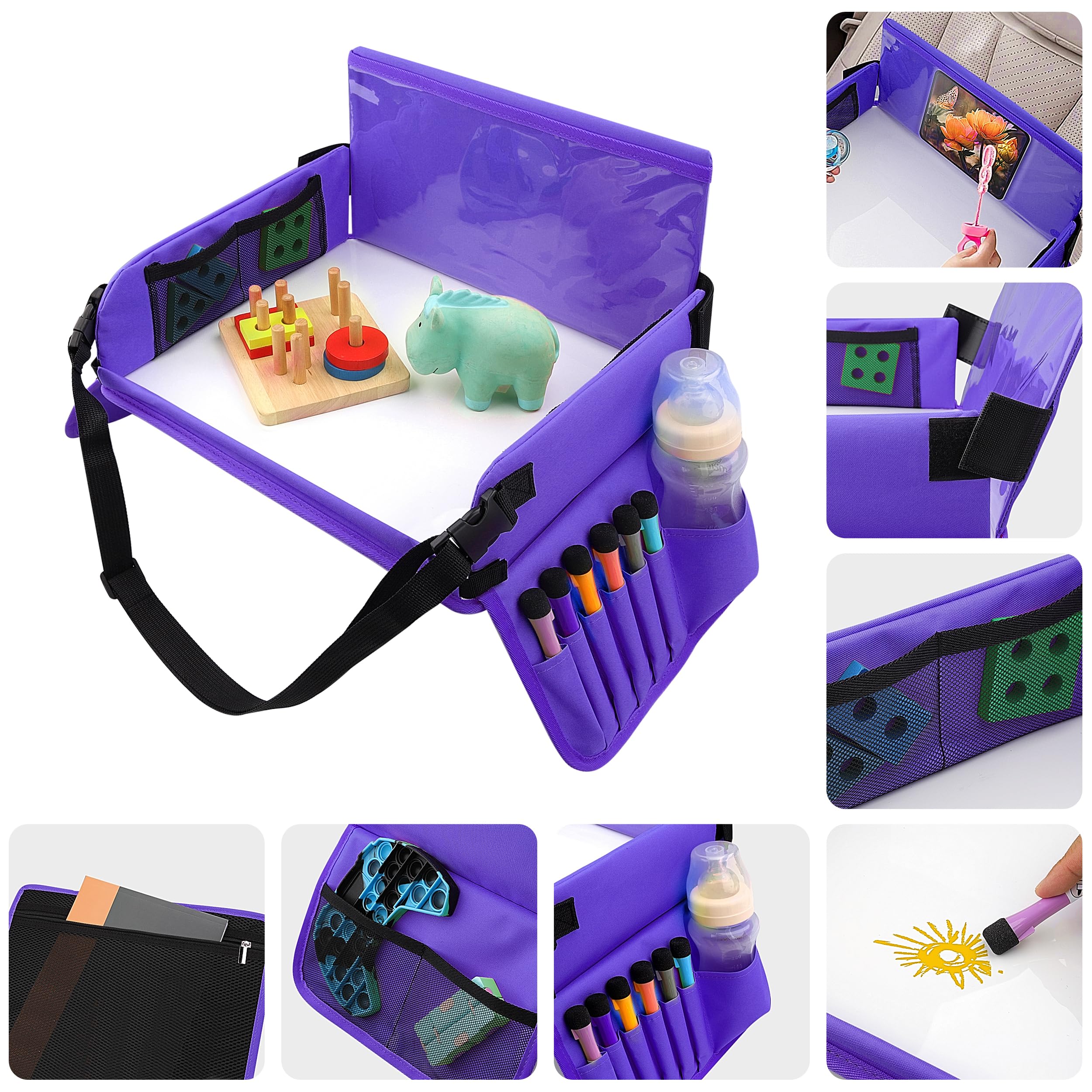 Plateau de Voyage Enfant Voiture - Tablette avec 6 Marqueurs et 1 Sac de Rangement (Violet)
