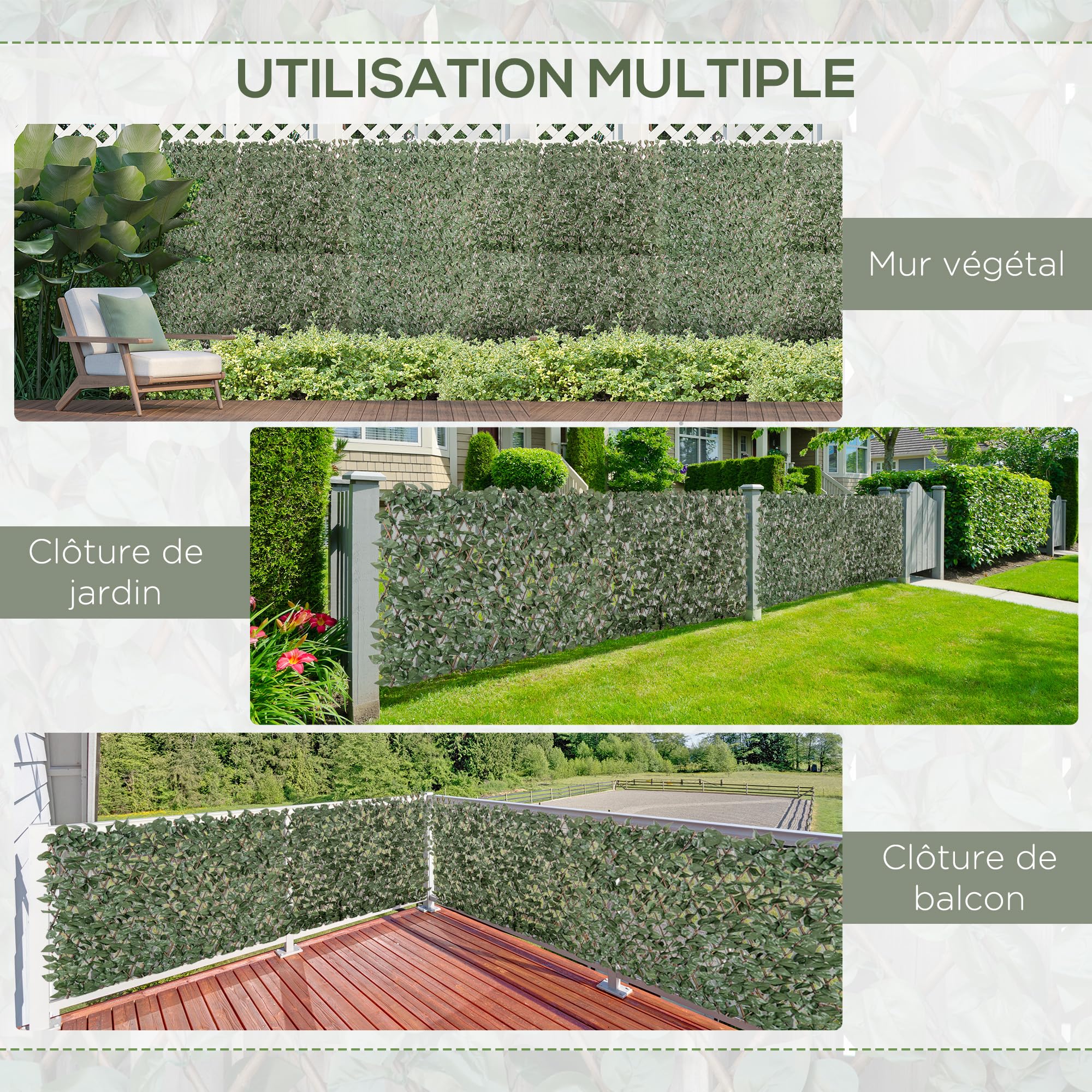 Outsunny Lot de 4 Haies Artificielles de Lierre, Feuilles Murale Brise-vue Extensible en Polyester Osier, Clôture Décorative Artificielle 200 x 100 cm pour Jardin Extérieur Balcon Terrasse, Vert