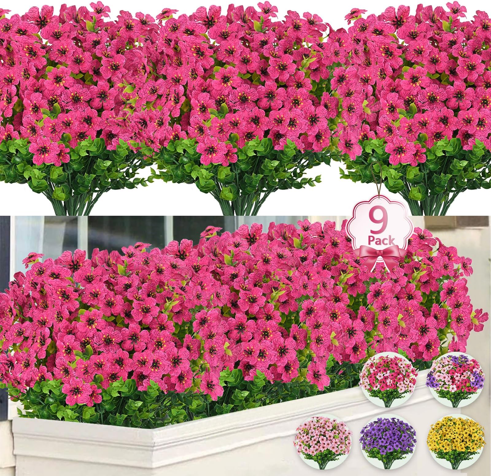 ElyumArtificial Flowers for Outdoors, 9 Bundles Artificial Plants & Flowers Outdoor, UV Resistant Faux Flowers Outdoor Fake Flowers for Outside Porch Window Box Decoration(Rose Red)