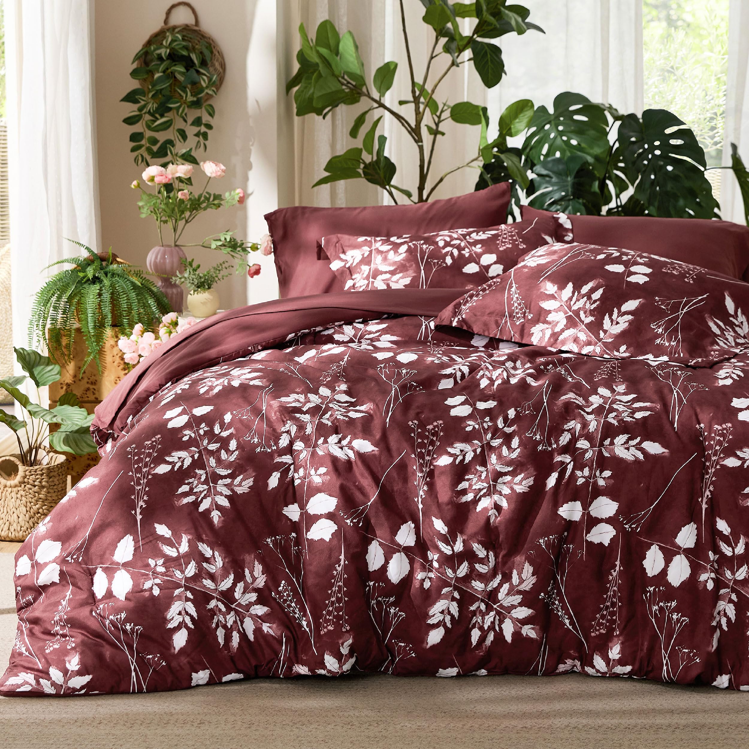 King Size Comforter Set - 7 Pieces Floral Burgundy Soft Bedding Sets, King Bed in a Bag with Botanical Flowers Comforter, Sheets, Pillowcases & Shams