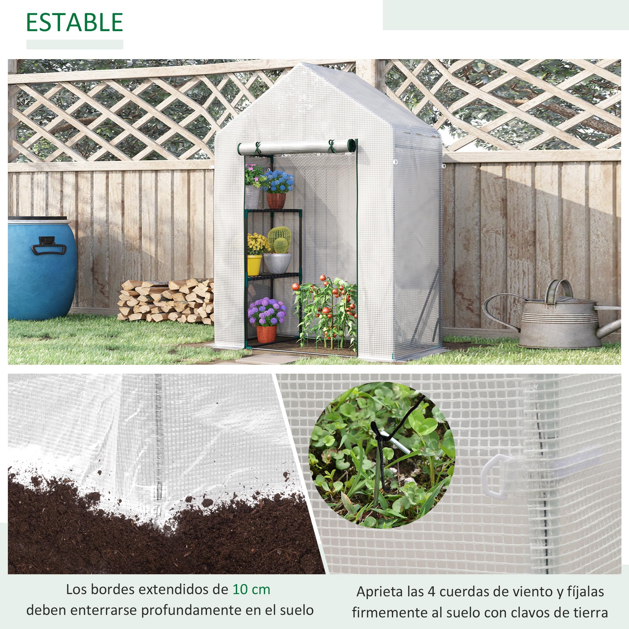 Outsunny Invernadero de Exterior Invernadero Pequeño con 2 Estantes Puerta Enrollable con Cremallera Marco de Acero y Cubierta de PE 140g/㎡ para Cultivos Plantas Flores 143x73x195 cm Blanco