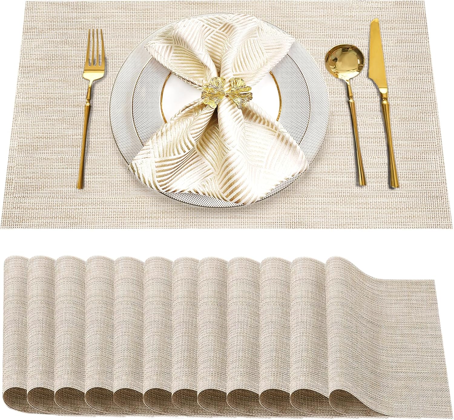 Uolr Table Mats Set of 12 Beige Washable& Wipeable Plastic