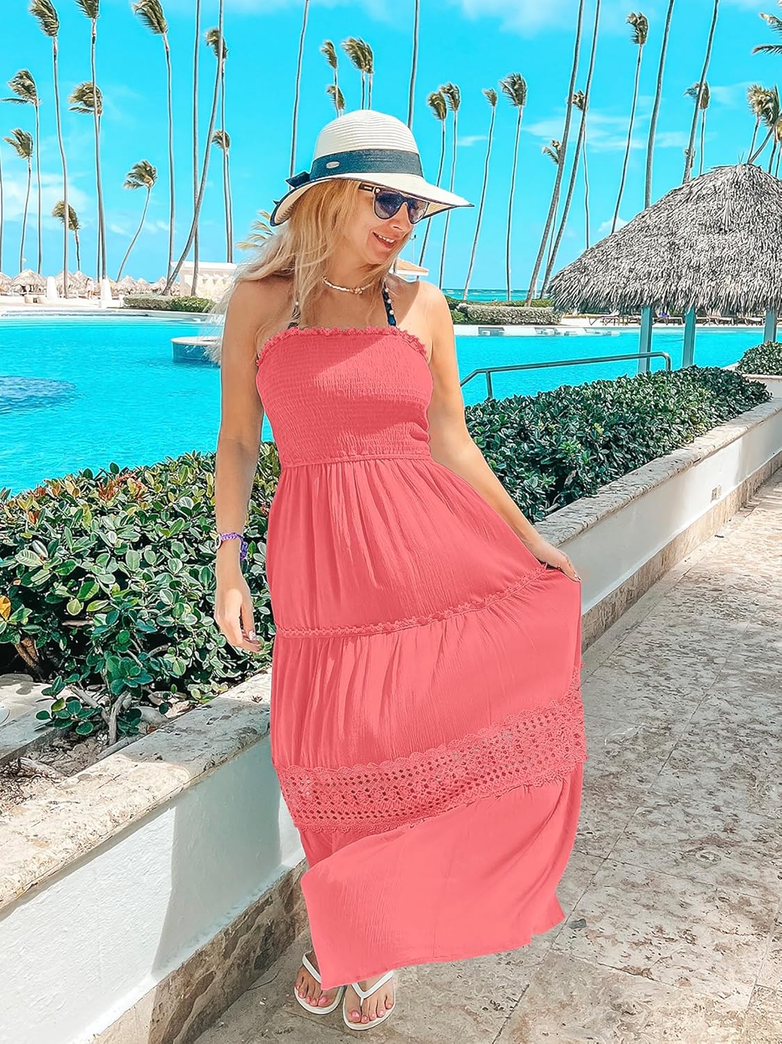 ZESICA Women's 2026 Summer Bohemian Strapless Off Shoulder Lace Trim Backless Flowy A Line Beach Long Maxi Dress - Image 6