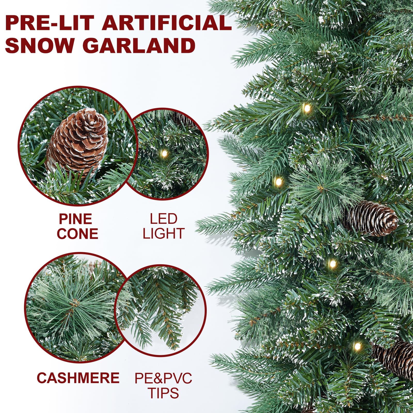 Prelit Weihnachtsgirlande, Dekoration, 50 LEDs, Schnee-Weihnachtsgirlande mit Lichtern, batteriebetrieben mit Timer für den Innen- und Außenbereich, Heimdekoration, Kaminsims, Treppen, Geländer,