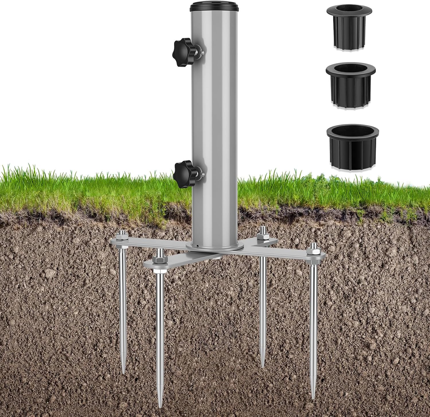 Removable Inground Umbrella Stand Anchor with 4 Spike, Metal Grass Umbrella Ground Stake, Outdoor in Ground Parasol Base Mount, Beach Umbrella Sand Anchor Holder for Beach,Sand,Yard,Lawn