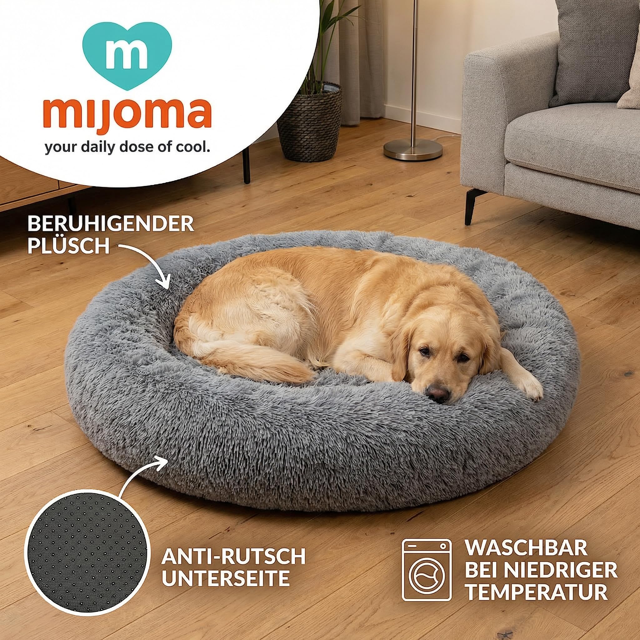 MIJOMA Flauschiges Hundebett rund grau mit Anti-Rutsch Unterseite – Beruhigendes Hundekissen für kleine mittelgroße & große Hunde – Hundekorb aus Plüsch zur Entspannung (Größe L – Ø 100 cm)