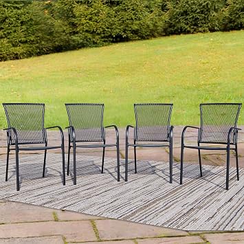 Outdoor Metal Patio Chairs Set of 4, Stackable Iron Mesh Dining Chairs with Armrests, All-Weather Bistro Chairs for Garden, Backyard, Porch, or Balcony