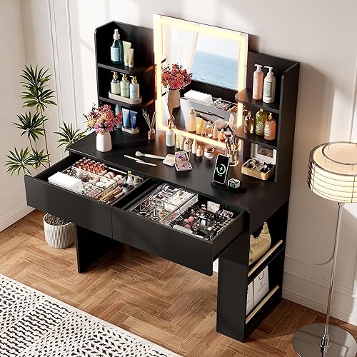 YESHOMY Vanity Desk with Mirror and Lights,35.4" Makeup Vanity with 2 Storgae Drawers, 2 Side Shelves and Open Storage Shelves, 3 Color Modes, for Bedroom, Black