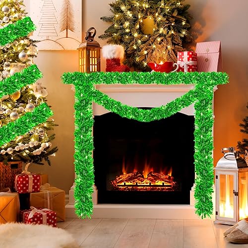 Miniatura 5 de Guirnalda de oropel de Navidad metálica para decoración del árbol de Navidad, suministros de fiesta para interiores y exteriores (verde)