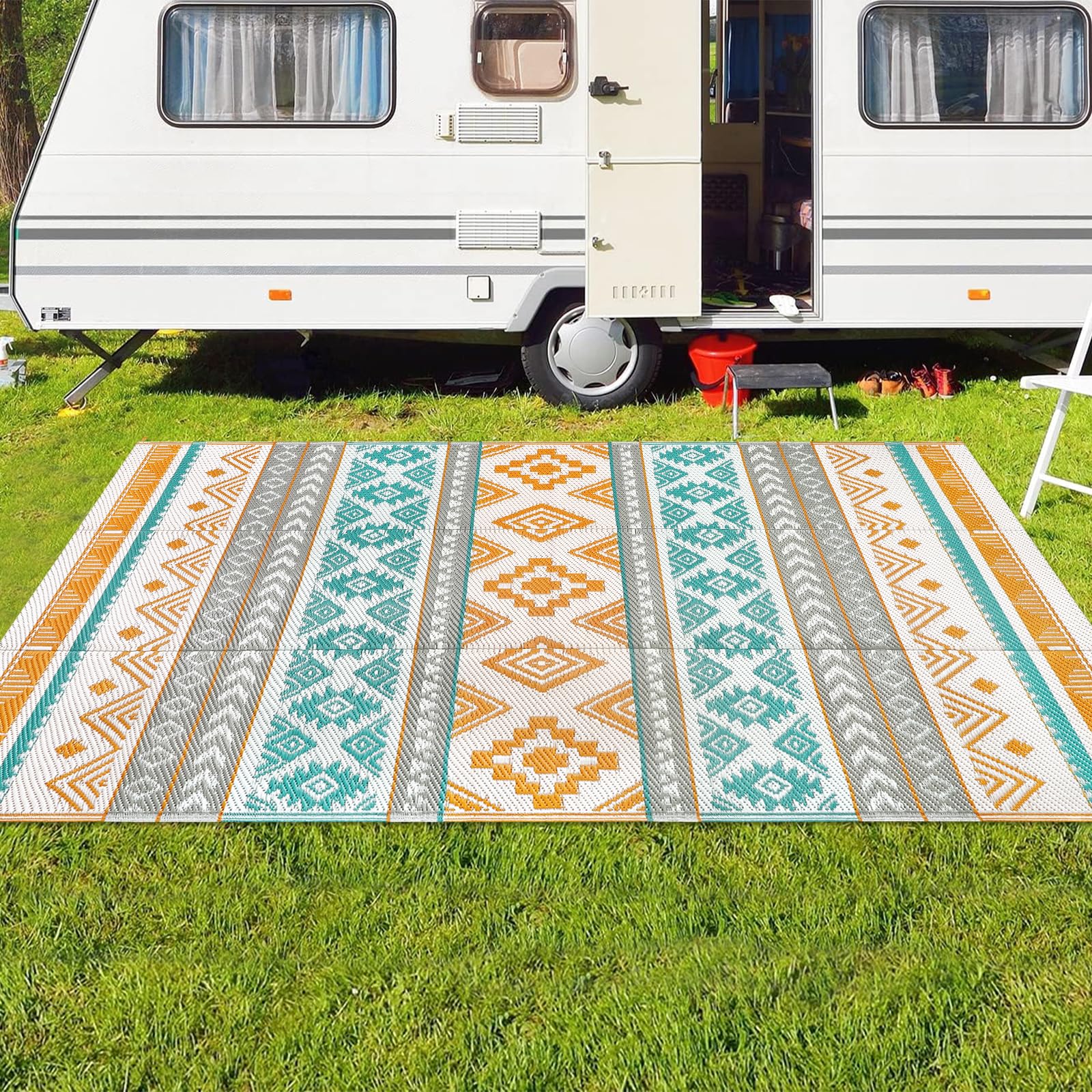 Famibay Tapis Exterieur Resistant Pluie Réversible Tapis Exterieur 150x245cm Résistant Aux UV Plastique Gris Jaune Teal Tapis pour Terrasse Camping Jardin Balcon
